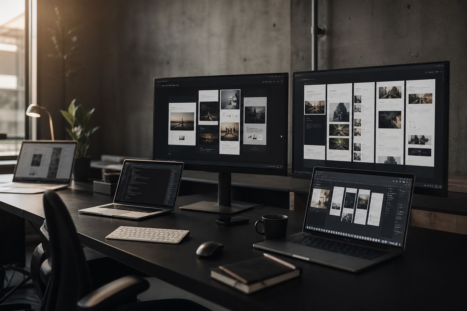 A modern web agency workspace with design and engineering screens