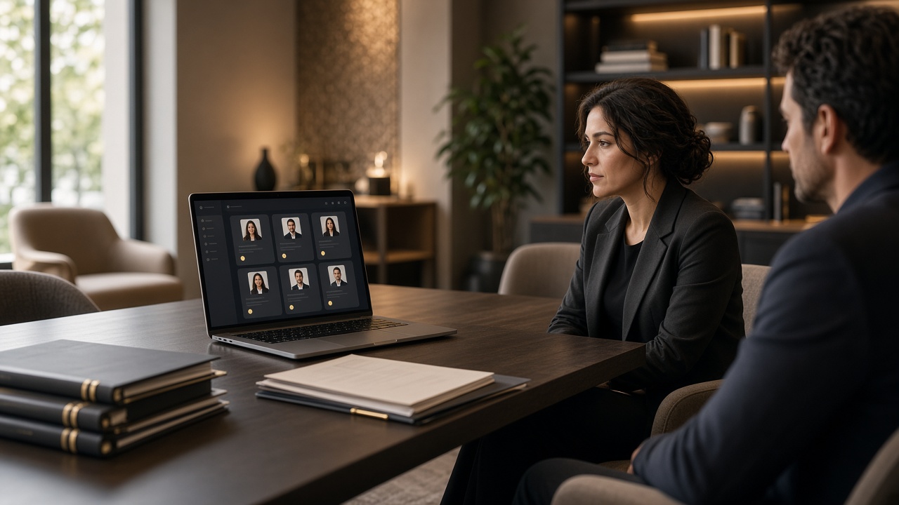 A warm hiring lounge with portfolios and a shortlist on a laptop